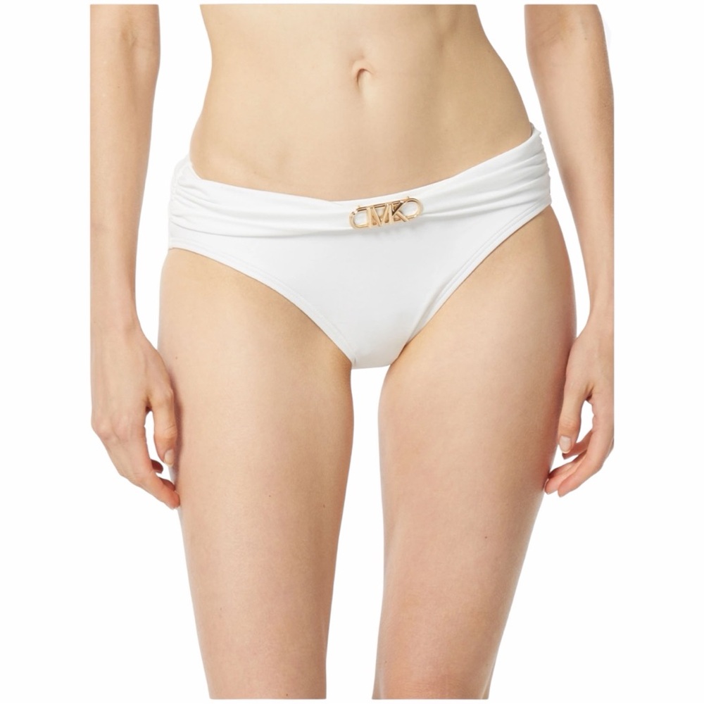 Michael Kors White Belted Bikini Bottom with Gold Logo Hardware Solids size L